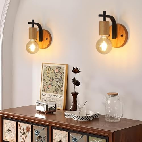 DELIPOP Lampe Murale Vintage Rétro E27 Bois Métal, 2 Pièces pour Chambre Couloir Salon, Noir