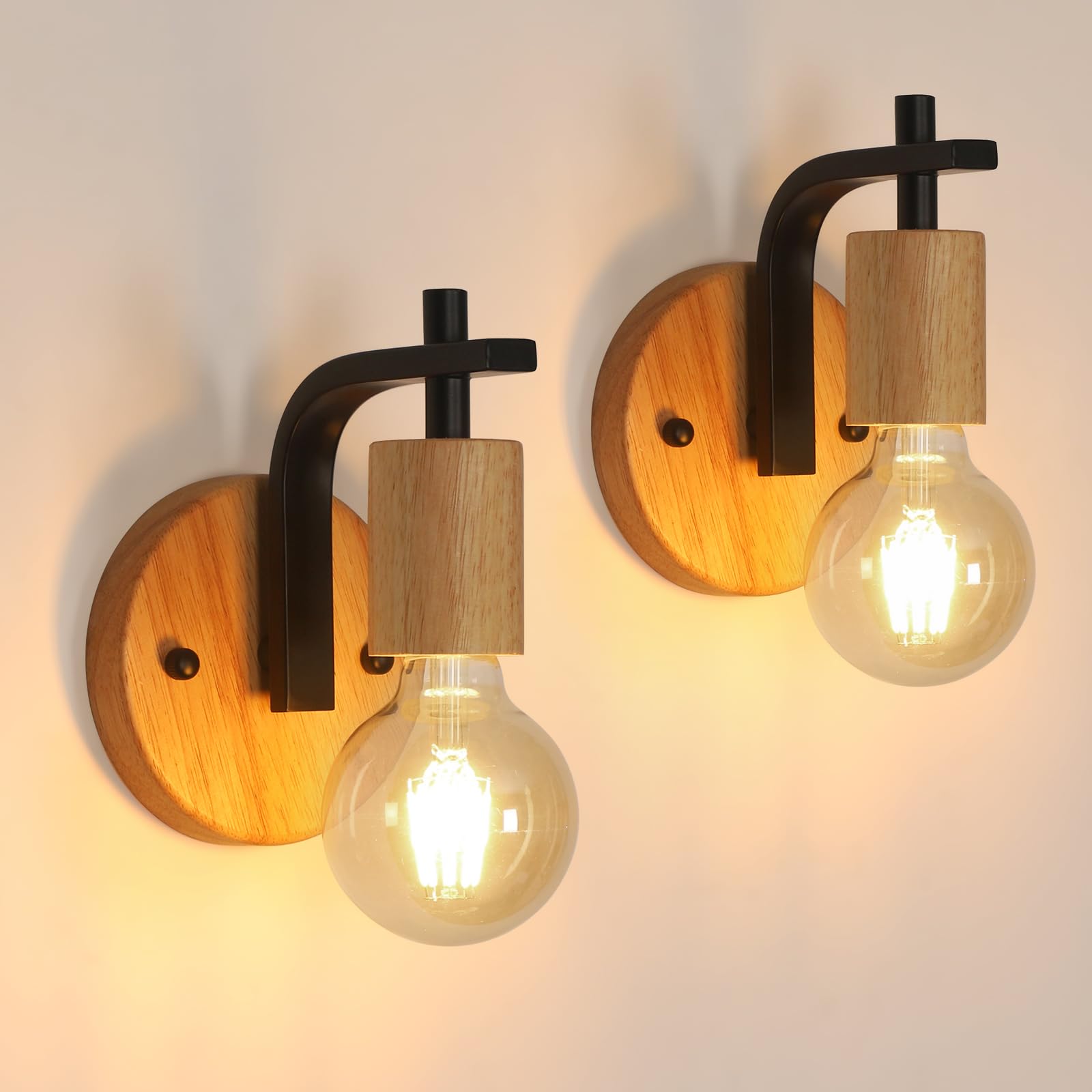 DELIPOP Lampe Murale Vintage Rétro E27 Bois Métal, 2 Pièces pour Chambre Couloir Salon, Noir